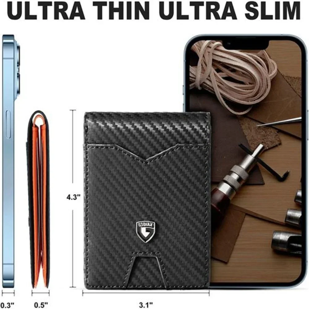 Mens Slim Wallet Minimalist Genuine Leather Carbon Fiber Rfid Blocking Orange
